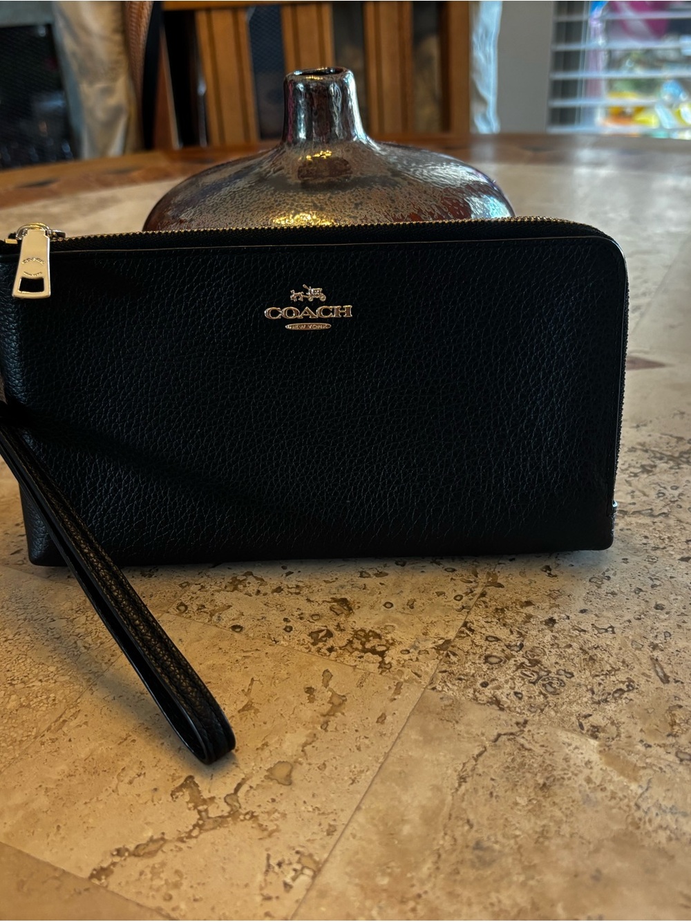 Coach XL Double Zip Wristlet Black Pebbled Leather EUC